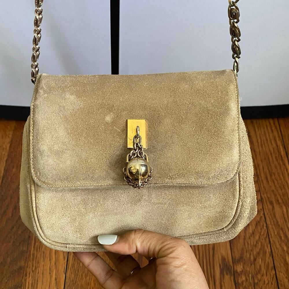 Vintage Suede Mini Shoulder Bag Camel Beige Chain Strap 70s/80s - Picture 3 of 17
